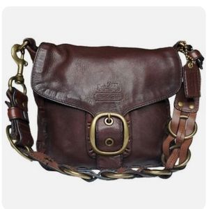 Coach Bleecker Brown Leather Woven Laced Brass Tattersall Flap Shoulder Bag